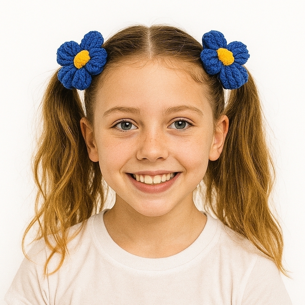 Hand Crafted Hand Knit Crochet Blue & Yellow Puffy Flowers 2-Set handmade clips
